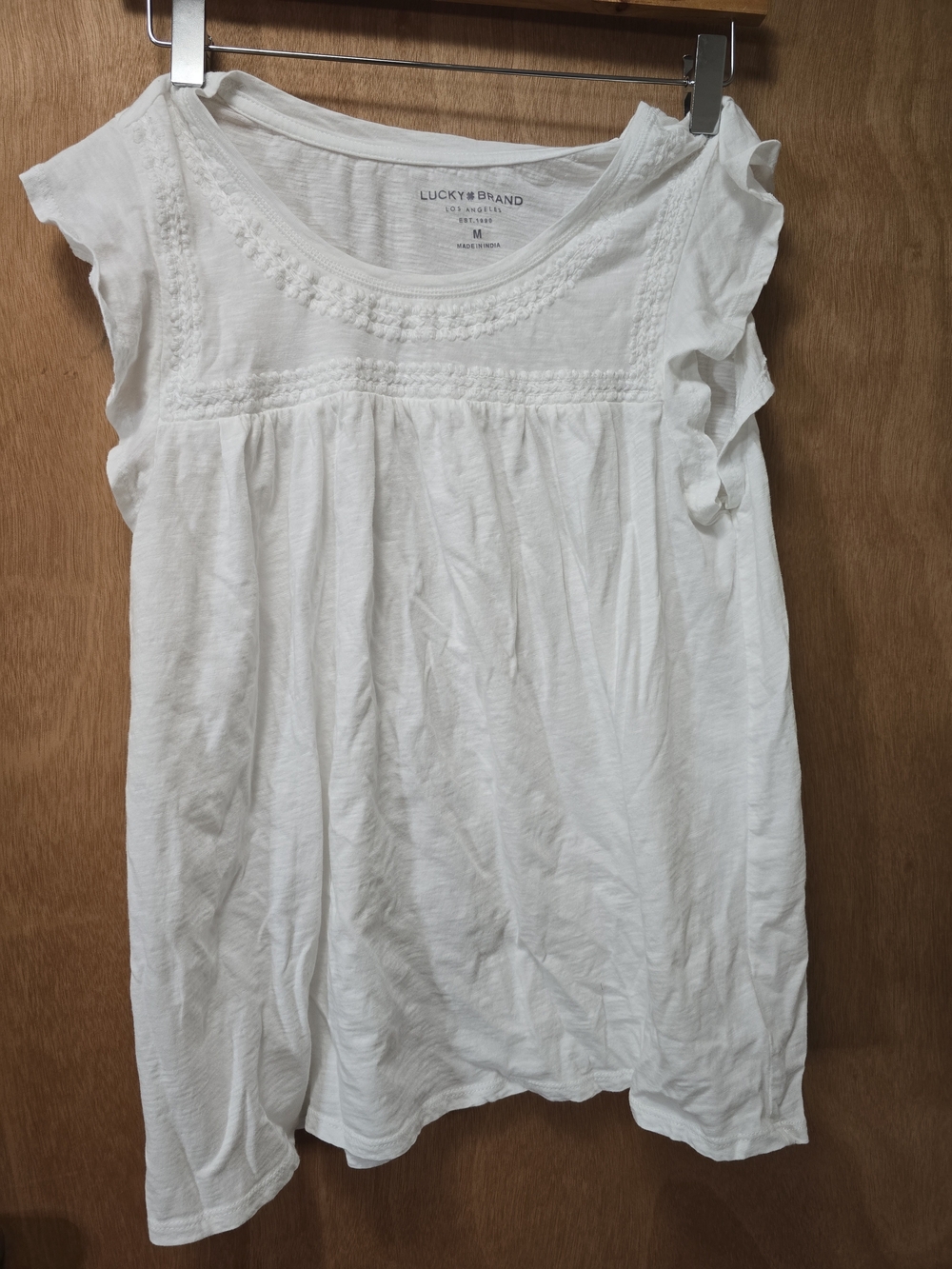 Lucky Brand White Crochet Yoke Ruffle Sleeve Top